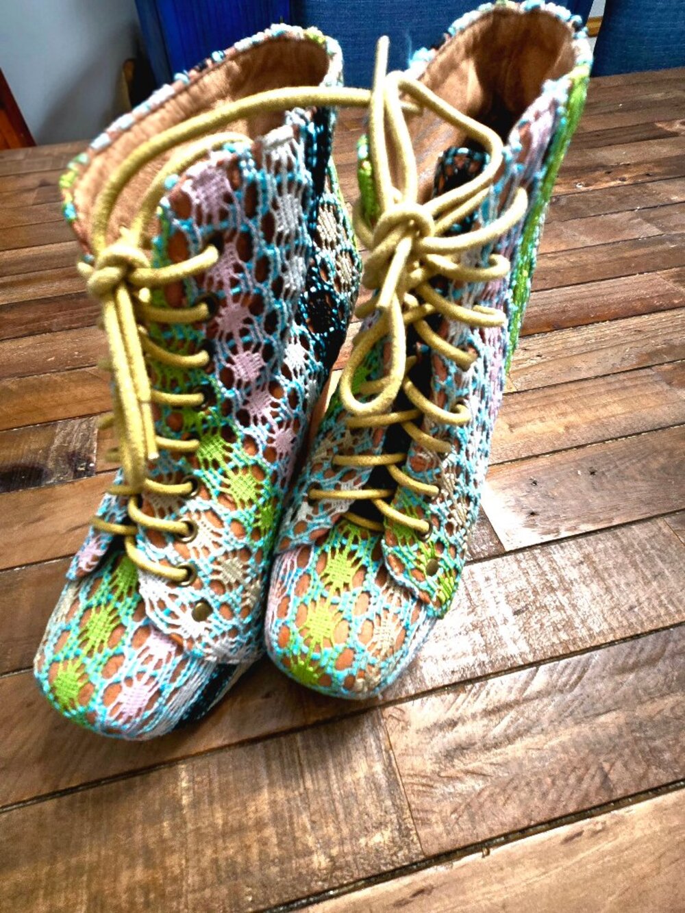 Jeffrey Campbell Lita Platform Boots Crochet Lace Neon Boho Chic RARE Vintage